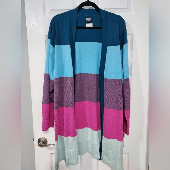 NWOT Lands' End Multicolored Striped Long Open-Front Cardigan Sweater 3X 24W-26W - Picture 1 of 12